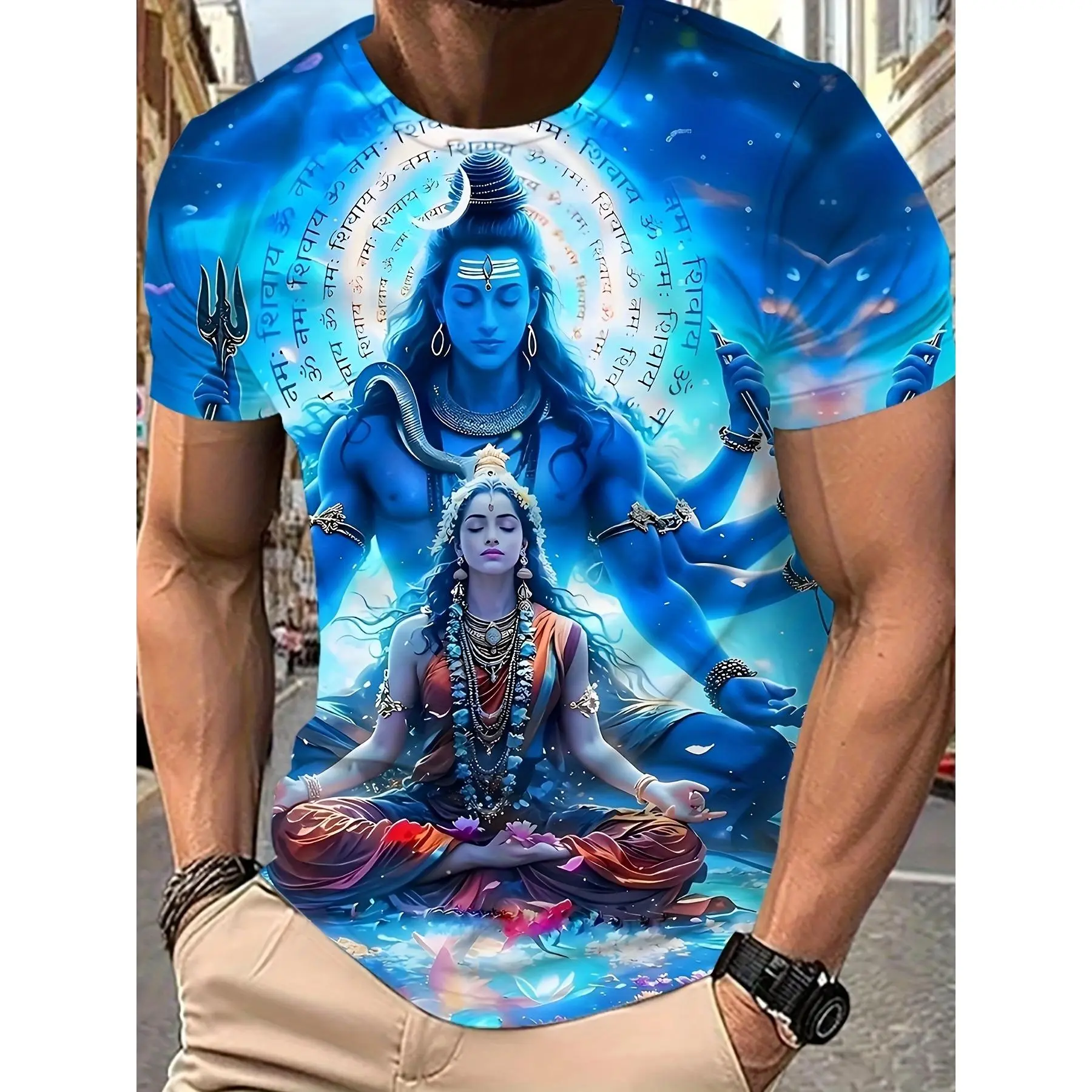 Men's Hindu Deity Print Short-Sleeve T-Shirt - Blue Menswear, Lightweight Crew Neck, Spiritual Meditation Yoga Mantra, Religious Art Fabric Top, Festival Casual Summer Gift, Streetwear, Joggers, Shortsleeve, Graphic