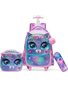 Egchescebo Kids Big-Eyed Animals Rolling Backpack for Girls Trolley Suitcases Luggage Travel with Wheels Bookbag Wheeled 3PCS Roller Backpacks Set Toddler Back Pack School Bags Elementary Pink