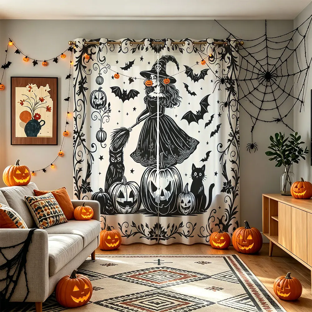 Vintage Witch Bat Haunted House 2 Panels Grommet Blackout Curtains, Black White Gothic Halloween Thermal Window Curtain Panels