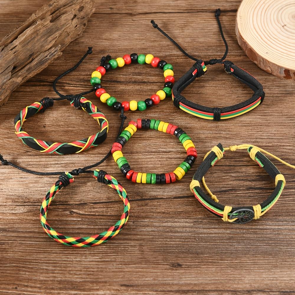6Pcs Juneteenth Bracelets Set Handmade Retro Geometric Pattern Faux Leather Wristbands Colorful Multi-Layered Bohemian Synthetic Stone Adjustable Jamaican Style Bracelets Stackable Bangle