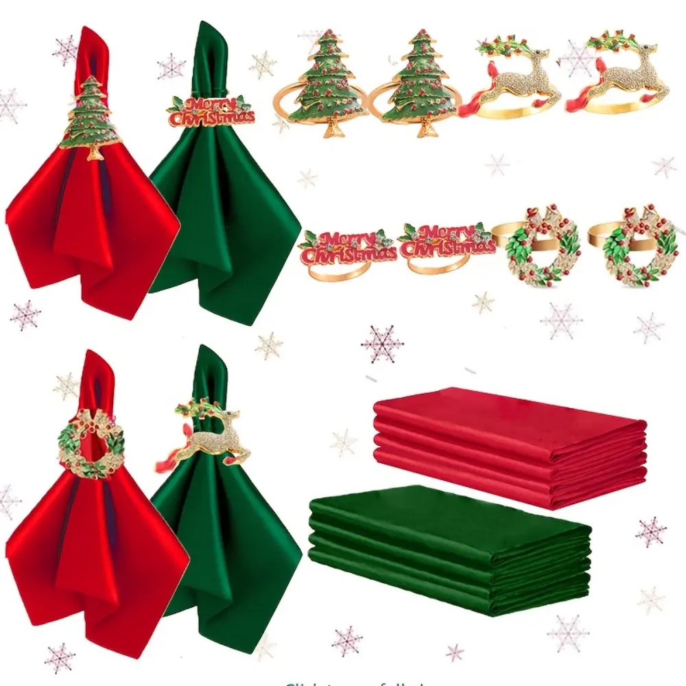 Set of 8 Red And Green Cloth Napkins And 8 Christmas Napkin Rings, 16pcs Total - These Fabric And Metal Festive Table Decorations Are Perfect for Winter, Christmas, Parties, Dinners And More.