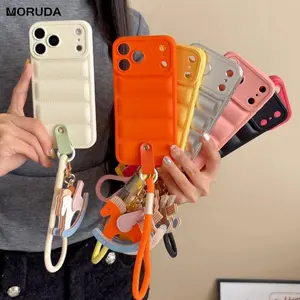 Luxury Down Jacket Lanyard Case for iPhone 16 17 Pro Max 14 15 Plus 11 12 13 Air X Xr Xs Wrist Strap Cute Horse Pure Color Cover