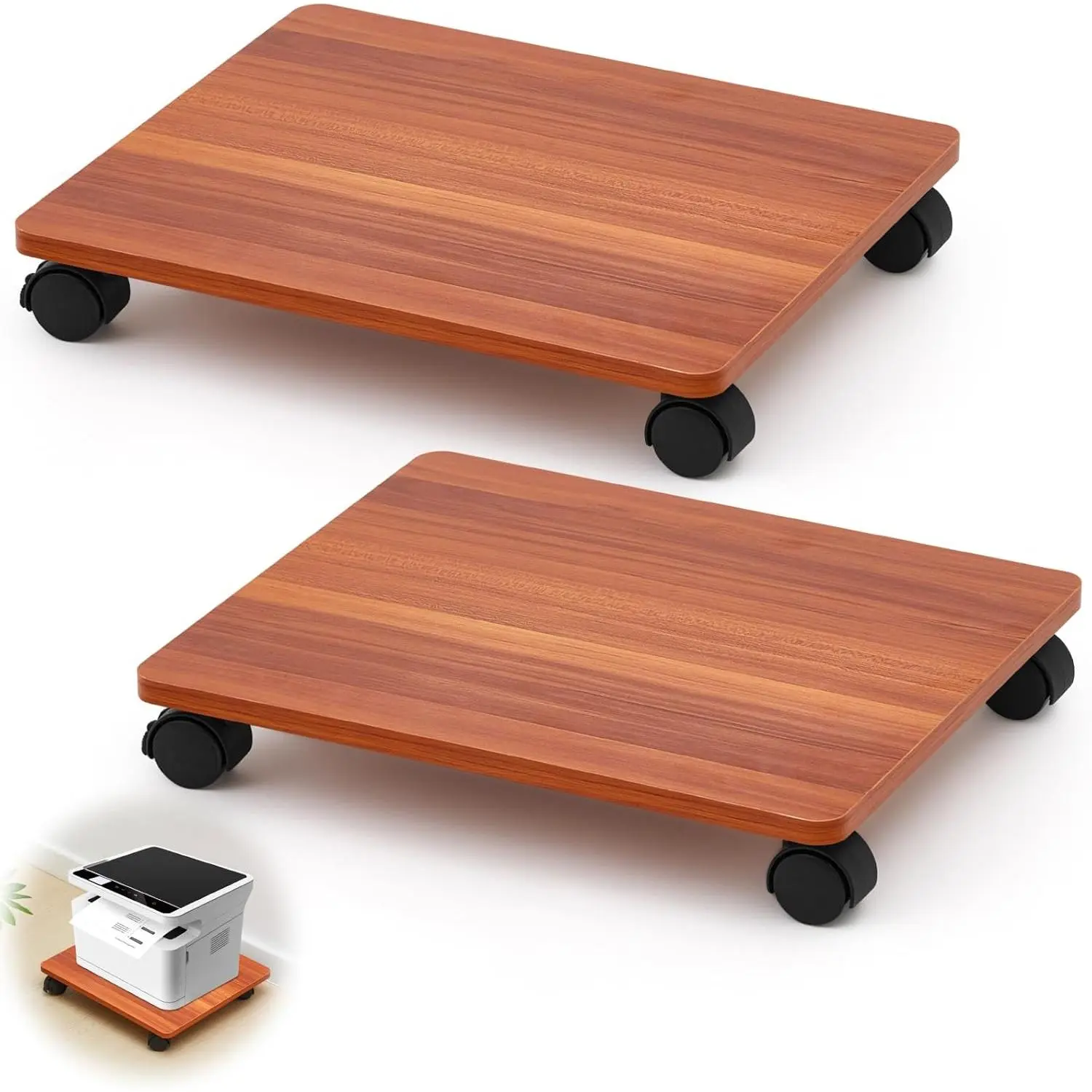 2 Pcs Under Desk Printer Stand with 4 Caster Wheels, Walnut Movable Printer Copier Shelf CPU Holder Heavy Duty Storage Rack for Home Office, Fits Scanner Fax Machine 13.78 x 11.81 Inches