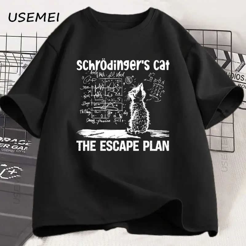 Nerdy Schrodinger Cat Quantum Science Graphic Tee Unisex, Creative Physics Art Print 100% Cotton O‑Neck Short‑Sleeve Tops, Y2K Harajuku Streetwear Casual Summer Daily Clothing For Men Women