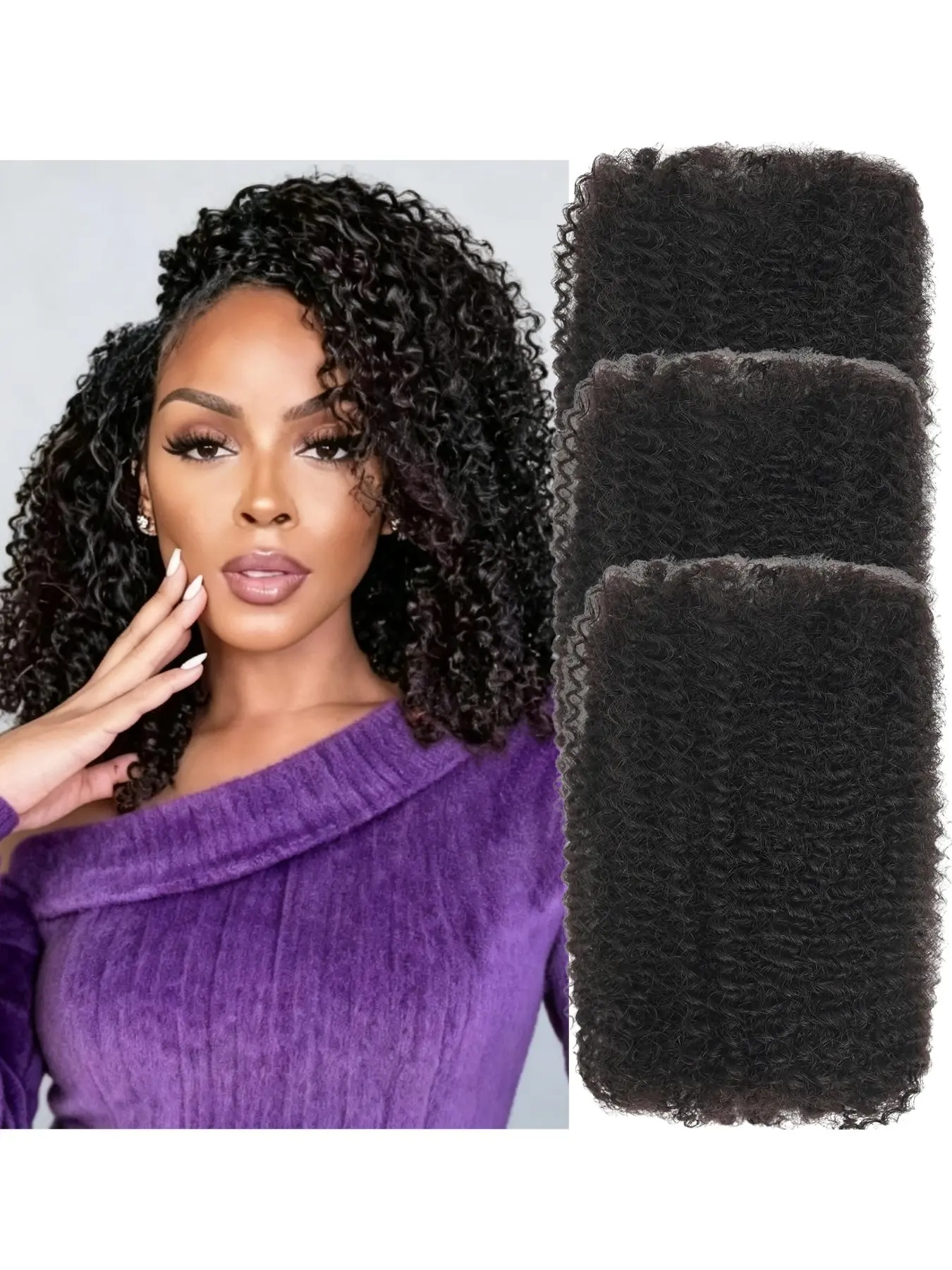 Afro Kinky Bulk Curly Braiding Hair, Kinky Curly Bundles, 100% Human Hair 3 Packs 8‑14 Inch 1B Natural Black No Weft For Micro Twist Knotless Braids Dreadlock Locs Shedding Free Easy Braid Protective Hairstyle For Black Women Home Salon DIY Styling