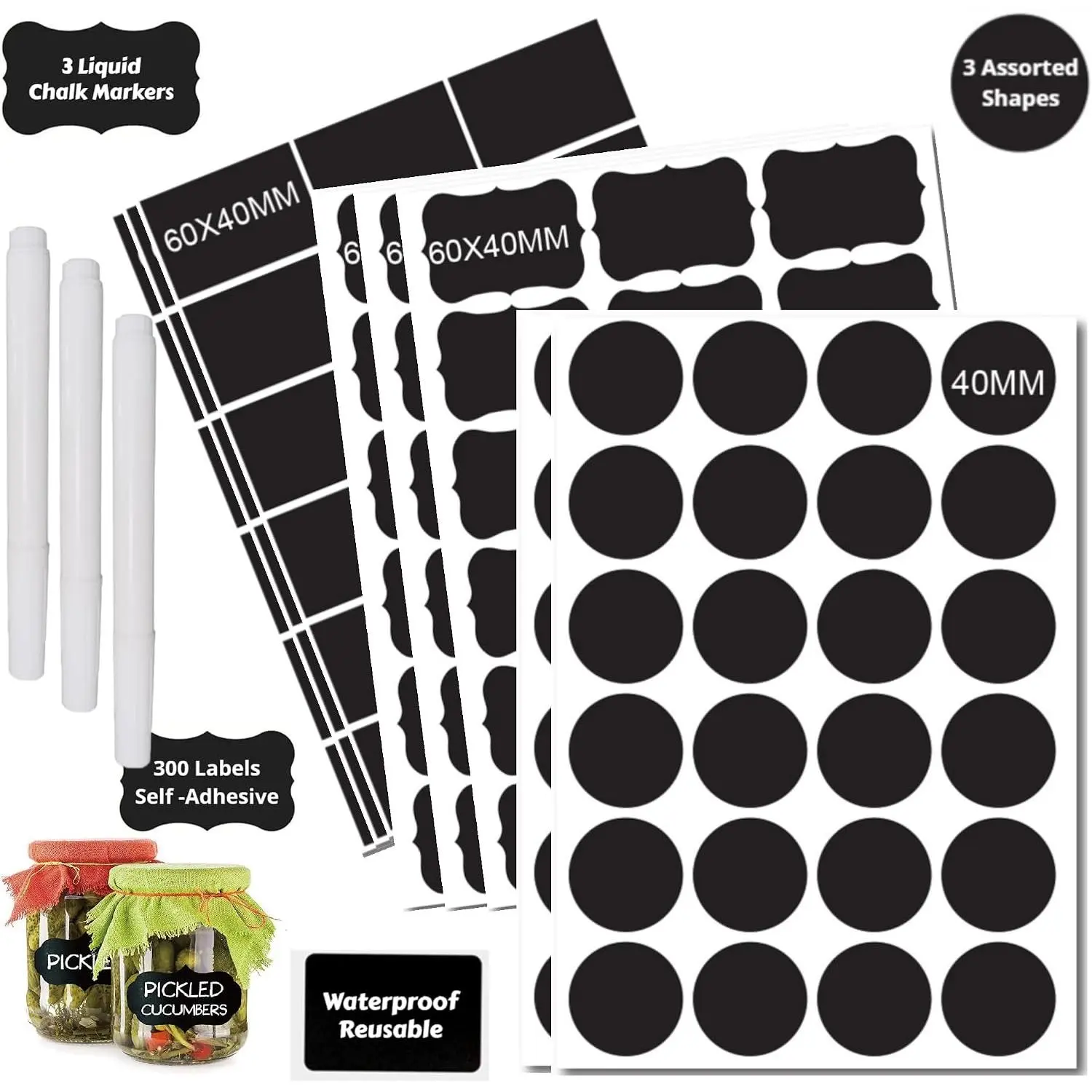 Chalkboard Label 300 count   Labels for  Containers Chalk Sticker Labels with 3 Liquid Chalk Markers for Mason Jars, Parties Decoration, Craft Rooms, Storage, , Kitchen