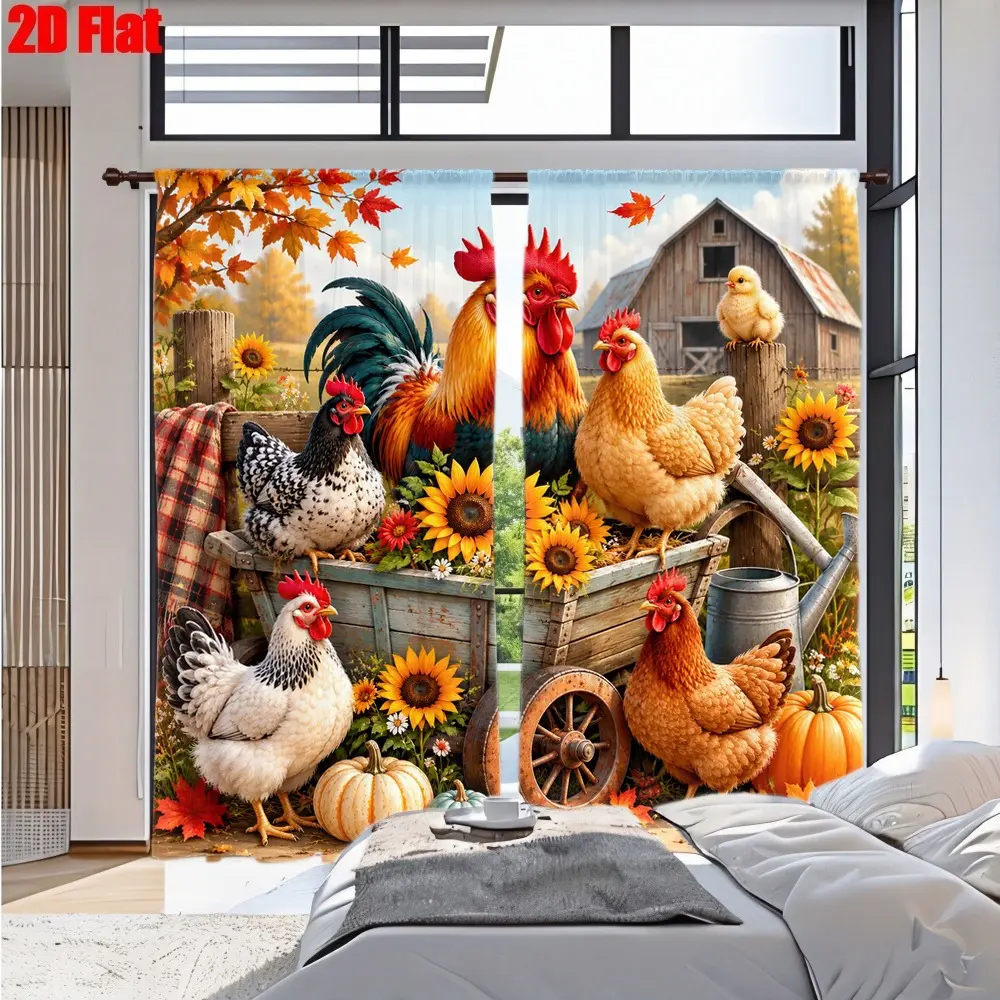 2D Flat 2Pcs Rooster Hen Farmhouse Curtain with Sunflowers and Barn, Autumn Harvest Theme, Digital Print, Rustic Country Style, All-Season Window Decor for Home Living Room Bedroom Kitchen Patio