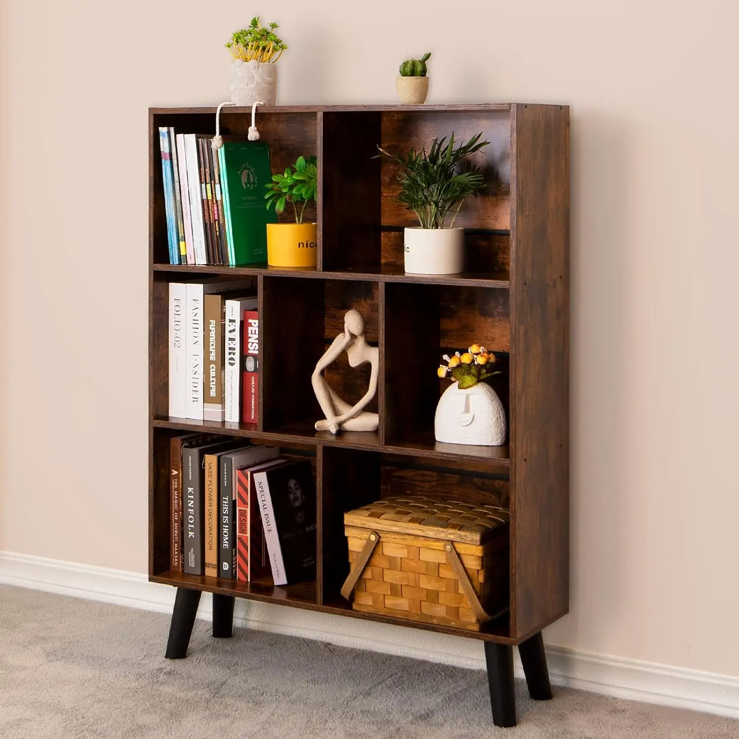 Cube Bookshelf 3 Tier Mid-Century Rustic Brown Modern Bookcase with Legs,Retro Wood Bookshelves Storage Organizer Shelf,Freestanding Open Book Shelves for Bedroom,Living Room,Office