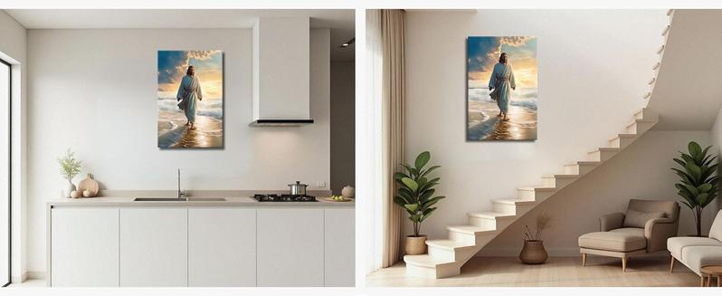 Jesus Picture on Canvas Jesus Walking on the Beach Canvas Picture God Poster Catholic Work of Art for Spiritual Space Wall Decoration Framed (3, 30 x 45 cm)