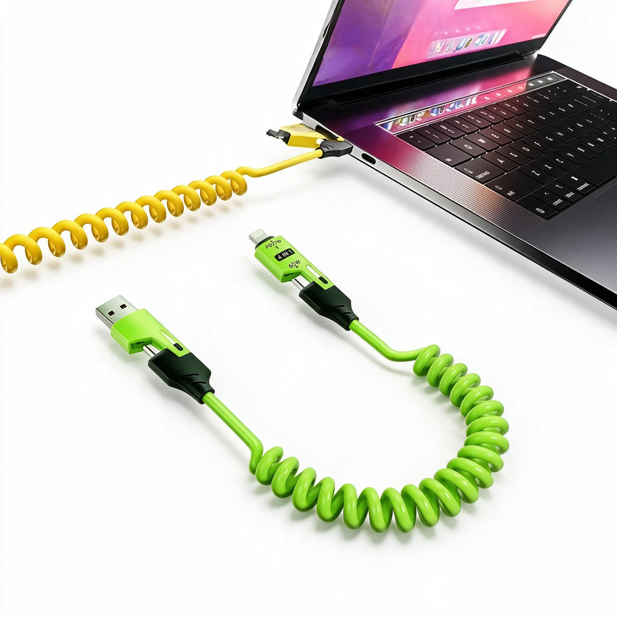 2 Pack 4‑in‑1 65W PD Retractable Coiled Spring Charging Cable, Switchable Multi‑Port Fast Charge & Data Cord for Car Owners, Business Travelers & Multi‑Device Users