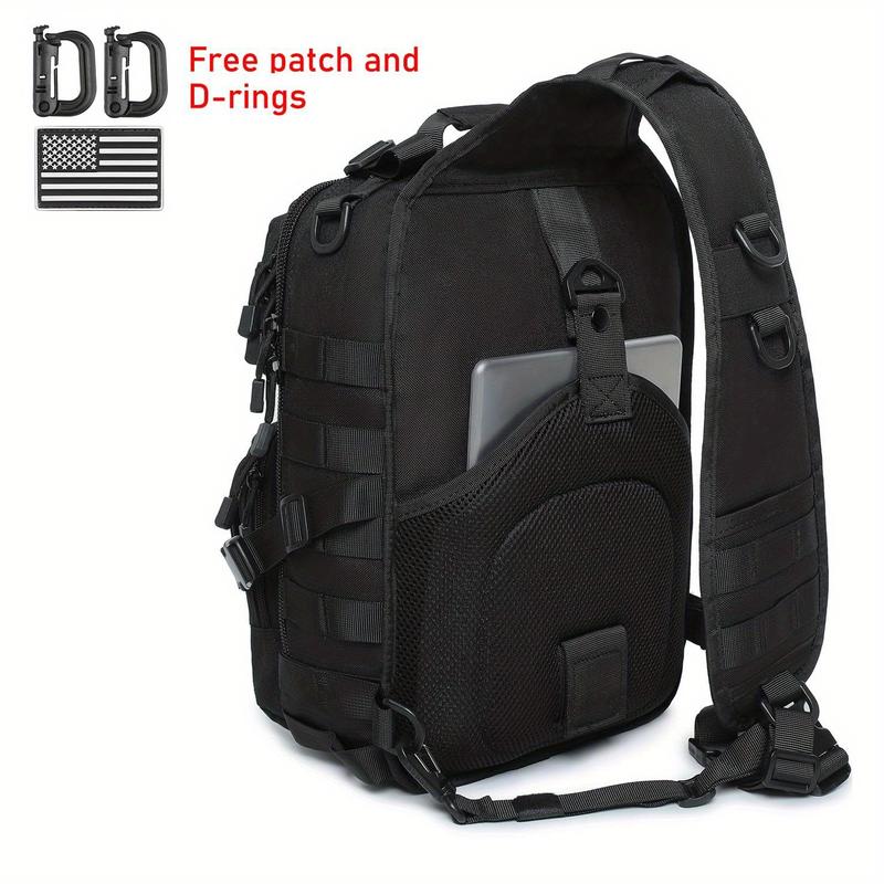 Versatile Black Tactical Shoulder Bag with Silicone Flag & 2 D-Ring Attachments - Durable Nylon, Multiple Pockets, Ideal for Outdoor Activities, Hunting, Fishing, Backpacks