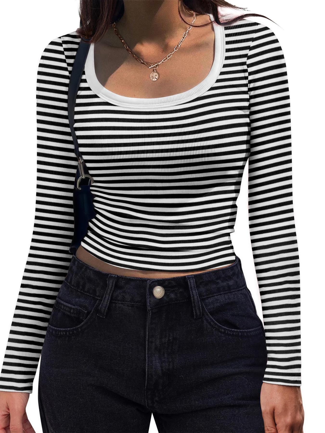 Women's Striped Knit U-Neck Long Sleeve T-Shirt, Soft Elastic Fabric, Regular Fit Casual Top, Perfect for Daily Wear
