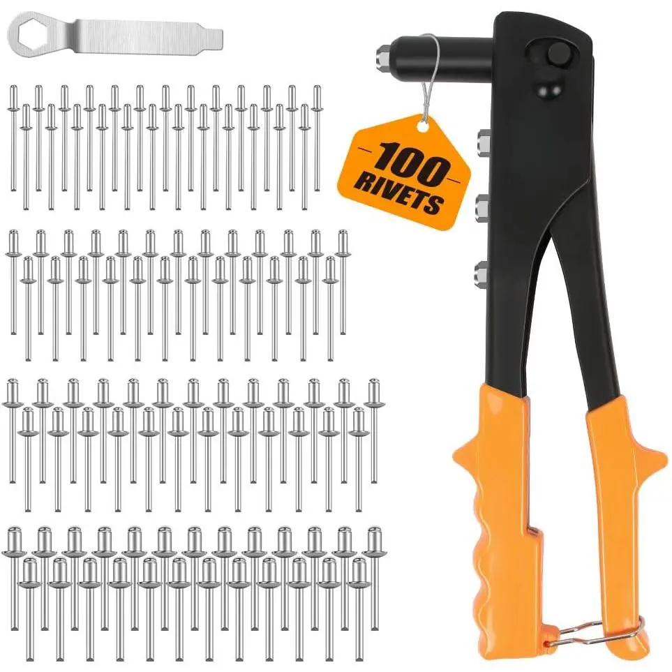 Heavy Duty Hand Riveter, Rivet Gun, 3/32"-1/8"-5/32"-3/16", 4 Nosepieces Set Includes 100pcs Rivets, Durable and   Metal, Plastic and Leather