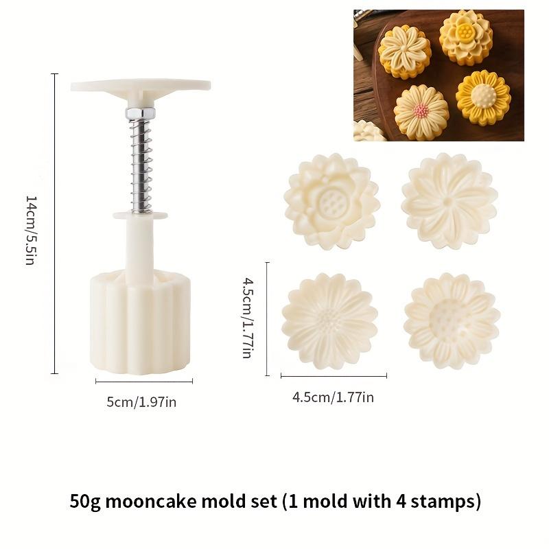 Four-in-one DIY Mooncake Cookie Mold Set (with flower-shaped stamps) -- Plastic hand-pressed mung bean cake baking mold, Mid-Autumn Festival pastry mold, Chinese-style mooncake DIY baking tool