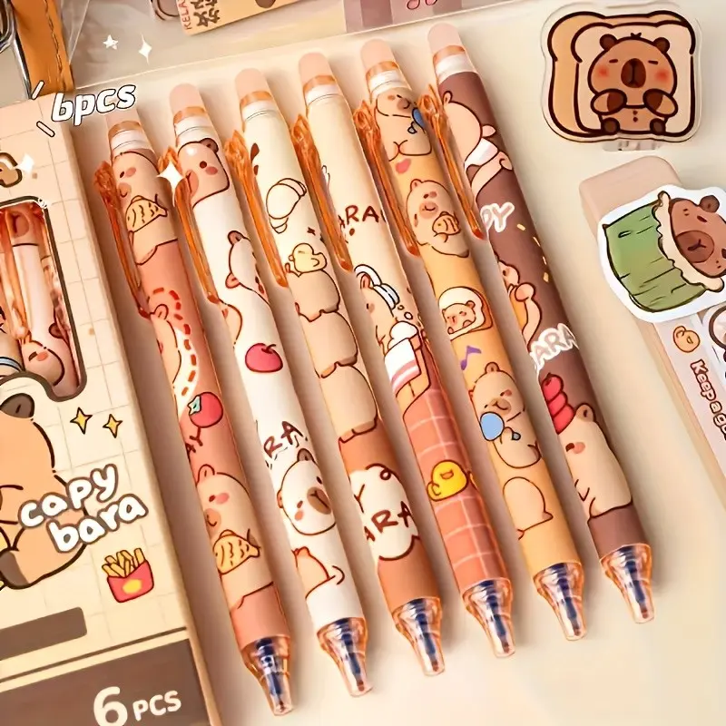 6pcs Cute Capybara Theme Erasable Plastic Pens, Pen Set, 0.5mm Fine Tip, Quick-Dry Ink, Retractable Ballpoint Pen, Blue, Perfect Gift for Holidays