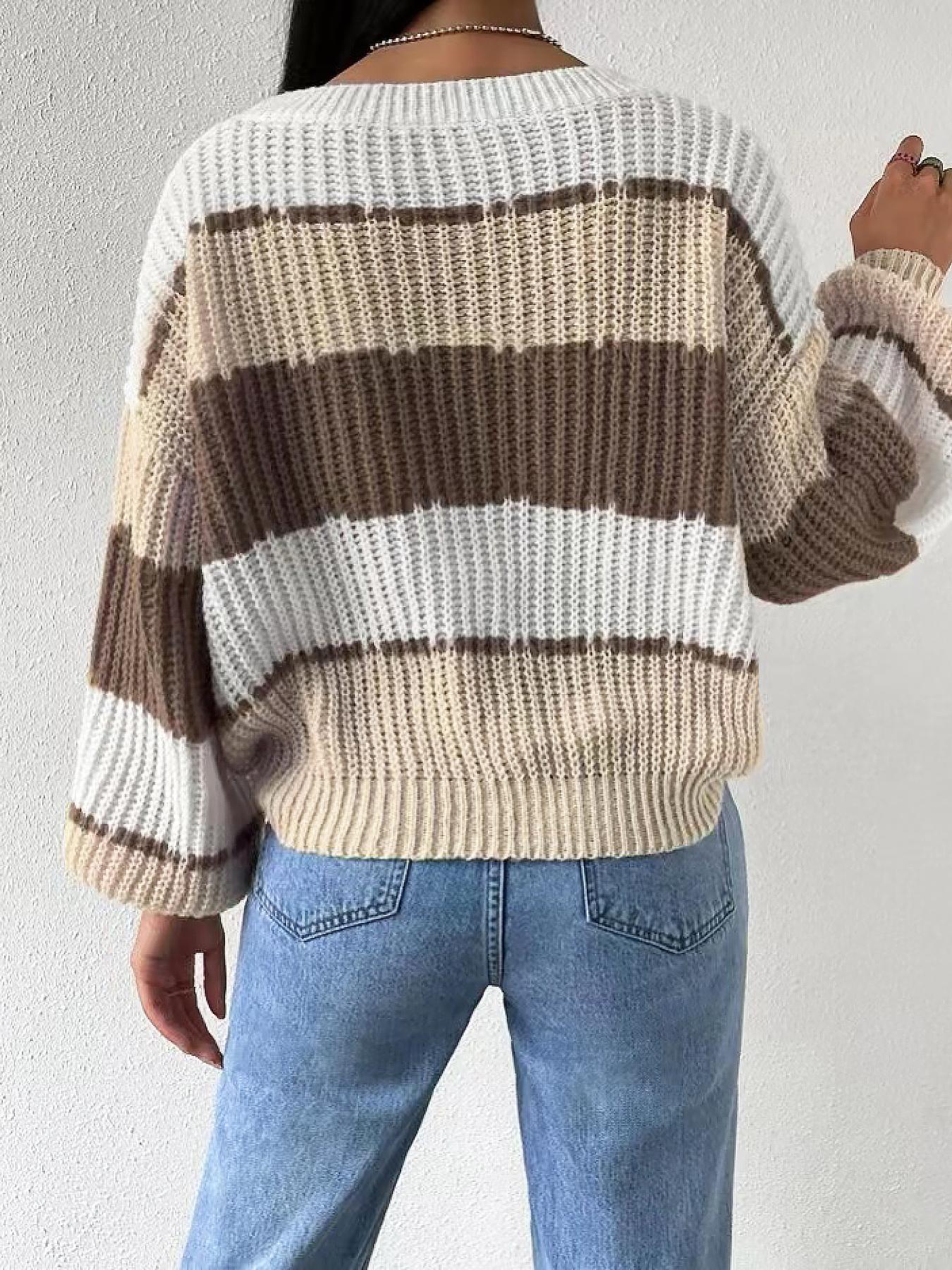 Women's Colorblock Bishop Sleeve Round Neck Sweater Without Necklace, Casual Long Sleeve Jumper for Fall & Winter, Tops, Women's Knitwear for Daily Wear