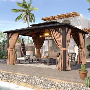 Aoxun 14'x10' Hardtop Gazebo, Aluminum Frame Permanent Pavilion with Curtains and Netting, Outdoor Polycarbonate Double Roof Canopy, Designed for Garden, Lawns, Patio, Brown