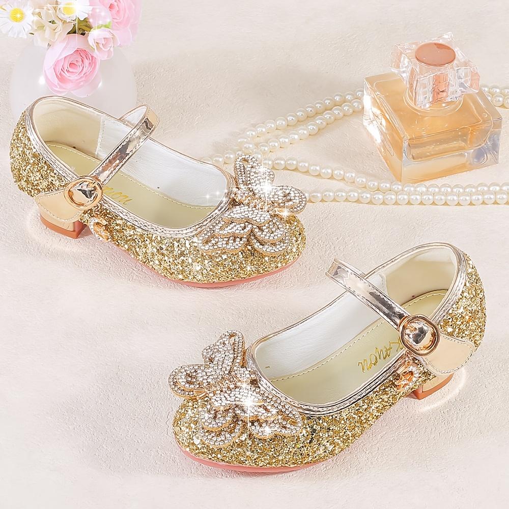 Girls' Princess Shoes with Rhinestone Flowers, New Autumn/Spring High Heel Golden Crystal Flat Shoes Children's Dress, Wedding, Banquet, Performance Princess Dress Shoes