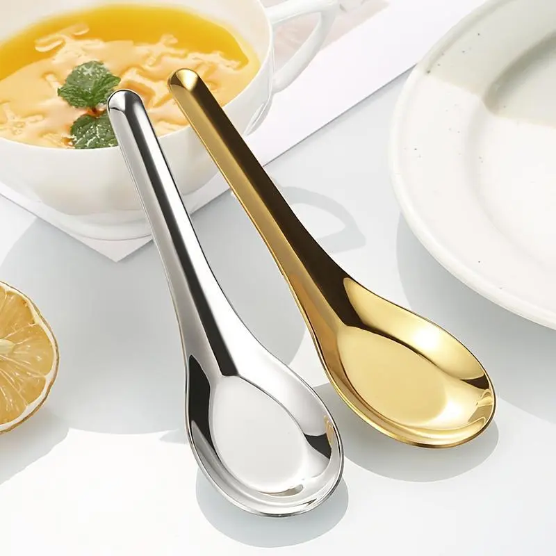 Stainless Steel Soup Spoon, Chinese Style Ladle, Household Flat-bottomed Ladle, Golden Soup Ladle, Student Cafeteria Eating Ladle, Tableware, Kitchen Utensils