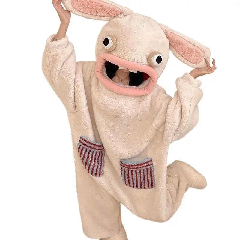 Unisex Adult Funny White Rabbit Animal Onesie Pajamas Soft Flannel Full Zip Winter Warm Halloween Cosplay Home Sleep Jumpsuit
