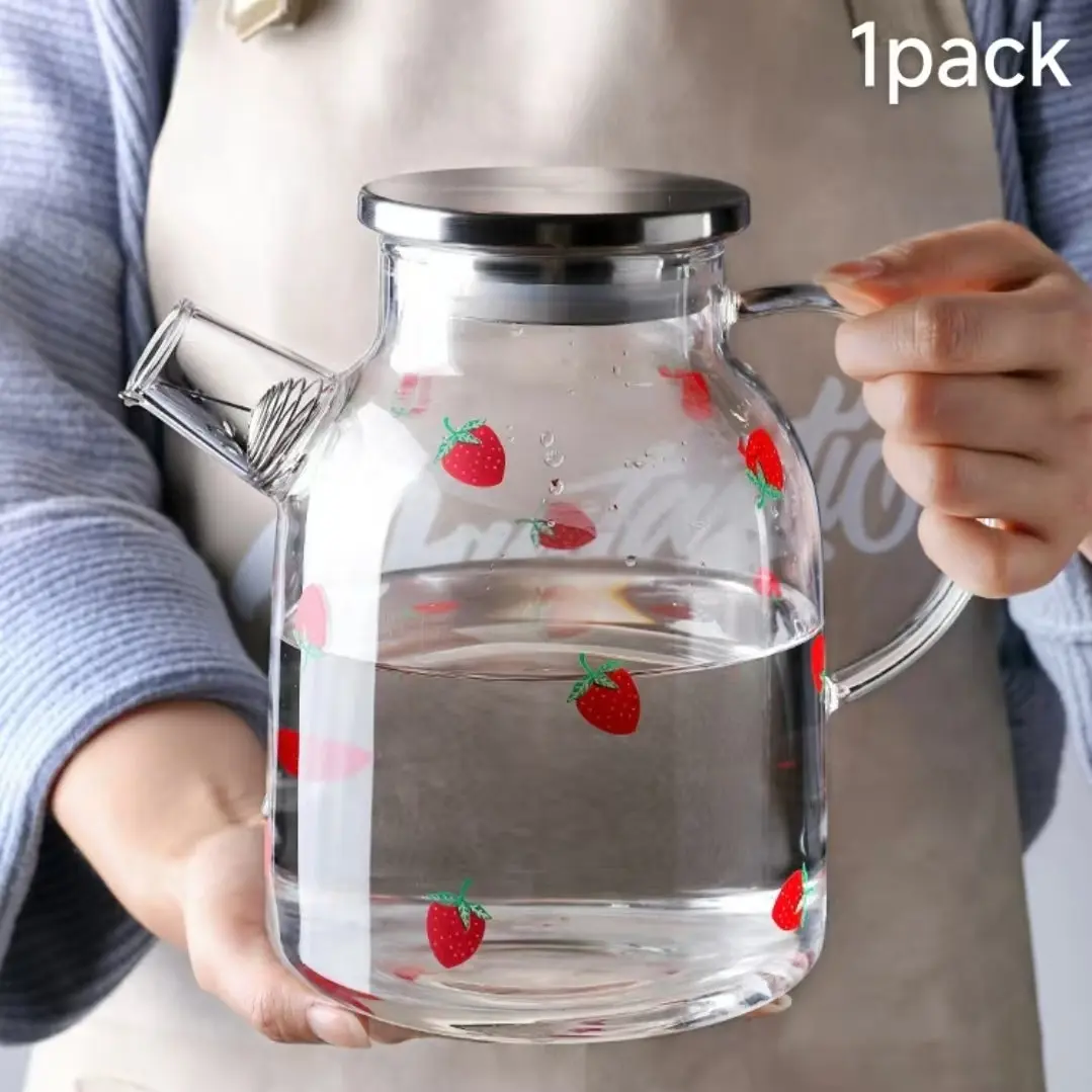 Creative Hand-Painted Strawberry High Borosilicate Glass Drink Pitcher with Stainless Steel Lid, Large Capacity Heat Resistant, Food Grade BPA Free Lead & Cadmium Free, Perfect for Cold Water Juice Iced Tea Lemonade, Great for Home Office Daily Use