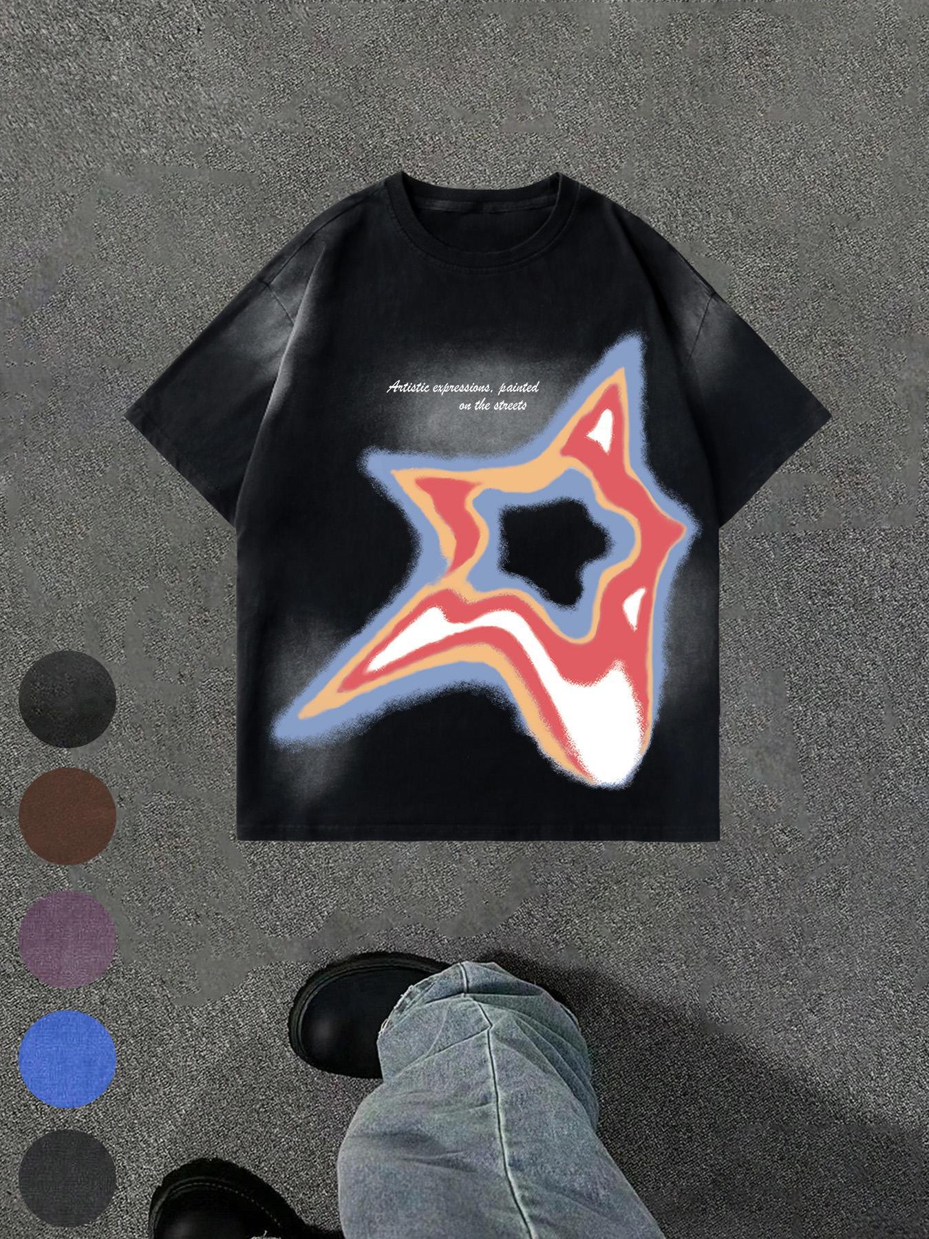 Men's Star Print Round Neck Tee, Regular Fit Casual Street Short Sleeve T-shirt for Summer, Men's Top for Daily Wear, Streetwear