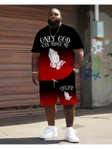 Men's Summer Prayer Hand Print Gradient Set, Loose Fit Street Style, Short Sleeve T-Shirt and Shorts, Casual Two-Piece