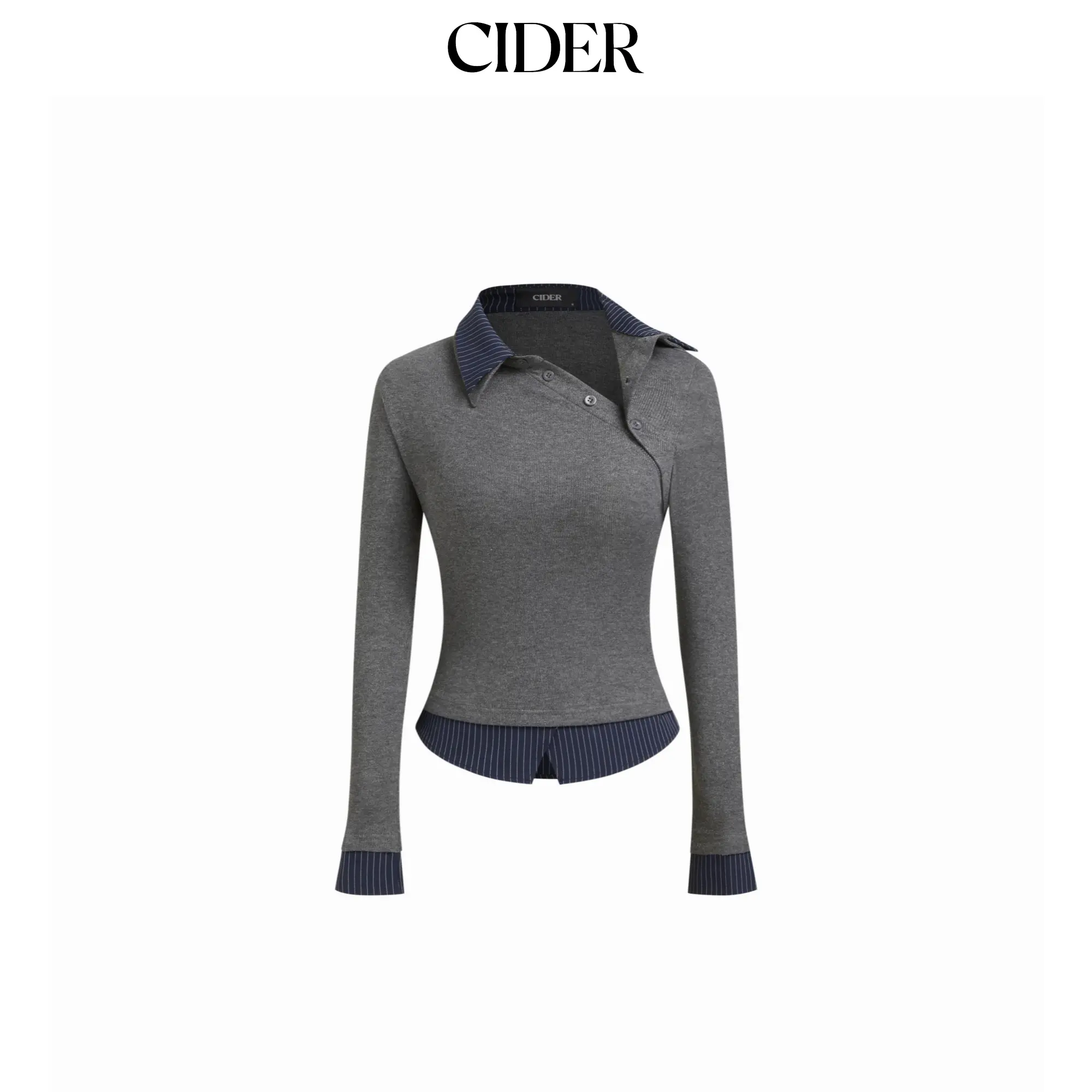 Cider Collar Long Sleeve Two tone Striped Trim Asymmetrical Top SummerFinds