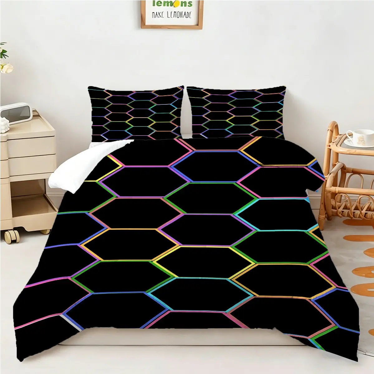2/3Pcs Colorful Honeycomb Print Comforter Set, Neon Rainbow Hexagonal Bedding Set, Breathable and Skin-Friendly Quilt, Easy to Machine Wash and Care For, Suitable for Men'S Bedrooms, Studios, and Gaming Rooms (Pillow Insert Not Included).