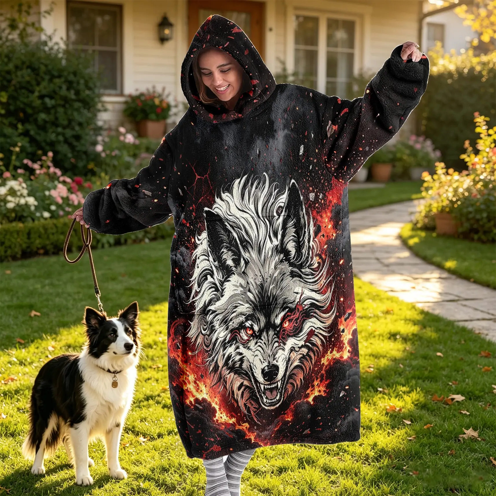 Oversized, Cozy, Hooded Wearable Blanket with Wolf Print; Soft Flannel Adult Sweatshirt Blanket with Large Pocket; Stylish, Unique Printed Warm Wearable Throw; One Size Fits Most Adults