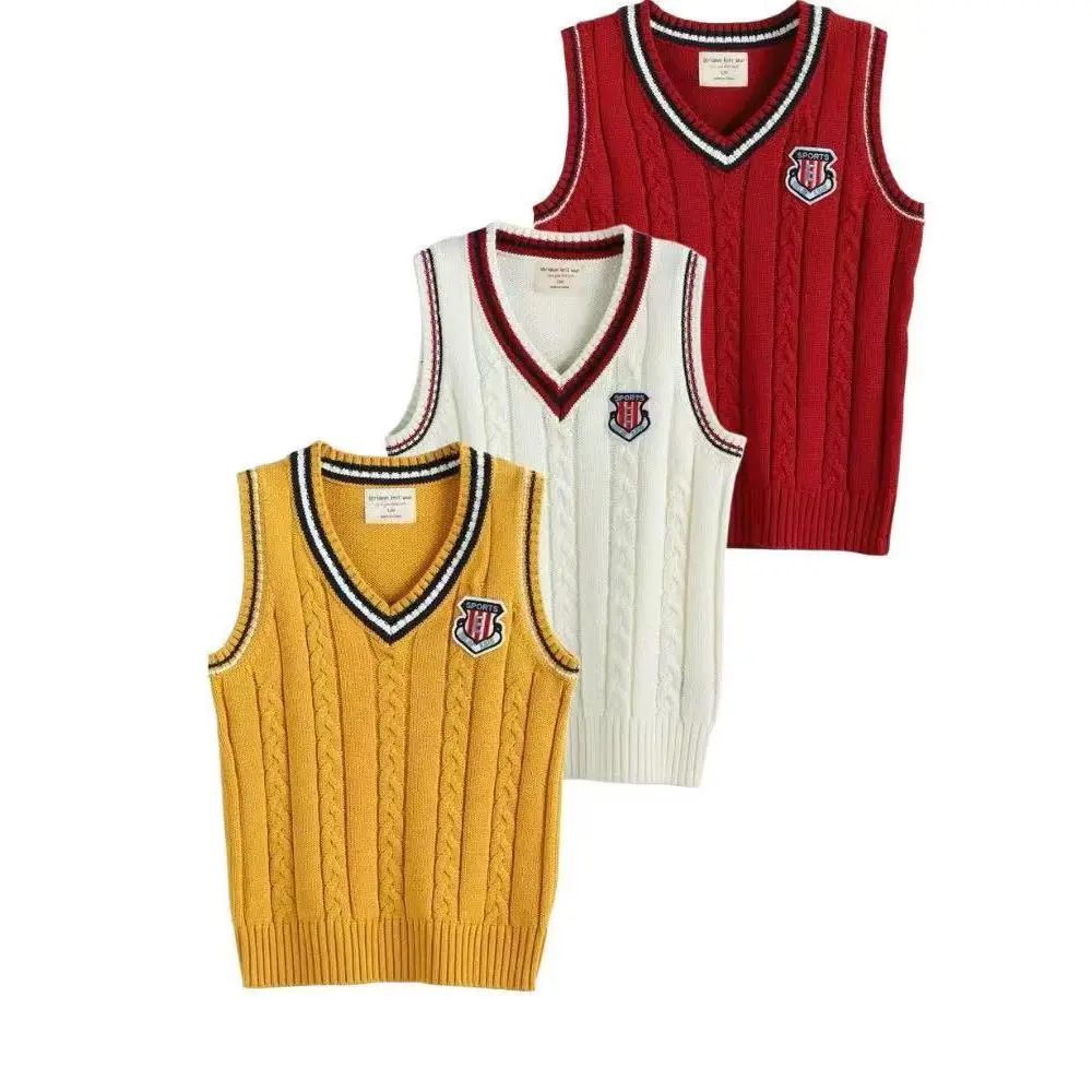 Kids' 3-Piece Knitted Sweater Vest Set, College Look, Letter Print, Medium Length Pullover Tops for Boys & Girls Ages 4-12 (Fall/Winter)