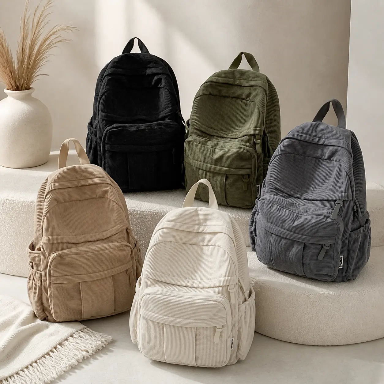 Cozy Corduroy Backpack for Women and Men, Casual Lightweight Daily Daypack with 14 Inch Laptop Compartment, Minimalist Vintage Style Travel Work College Bag, Durable Spacious Rucksack with Side Pockets, Urban Aesthetic Black White Khaki Green Gray tiktoks