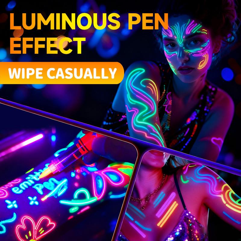 Temporary Tattoo Pens,Halloween Makeup Glow in The Dark Face Paint Markers 8 Colors, With Stencils, UV Neon Body Paint Pen for Skin Glow Under Black Light, Washable