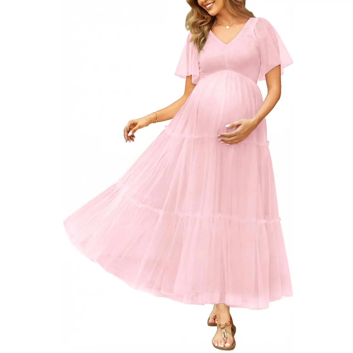 PINUP FASHION Women's Pinup Maternity Maxi Dress, Smocked Bodice, Flutter Sleeves, V-neck, A-line, Polyester Soft Fabric for Photoshoots