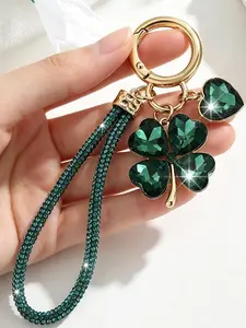 1pc Full Diamond 4 Leaf Clover Keychain Pendant, Wristband Style Female Keychain, Versatile Luxury Keychain Pendant, Handbag And Car Decoration Ladies Key Ring
