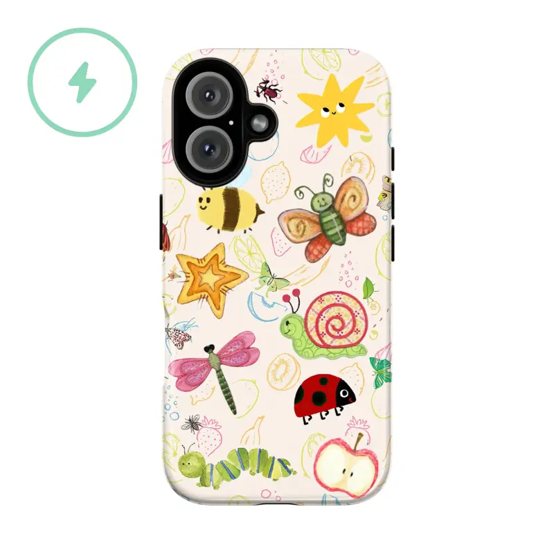Phone Case Compatible with MagSafe, Cute Kawaii Bug Phone Case – Whimsical Garden Phone Cover for iPhone 17 16 14 13 12 11 Pro Max 8 7 & Galaxy S21–S25, Pastel Nature Doodle – Cottagecore Bee & Ladybug, Aesthetic Spring Garden Design, Soft Girl Gift