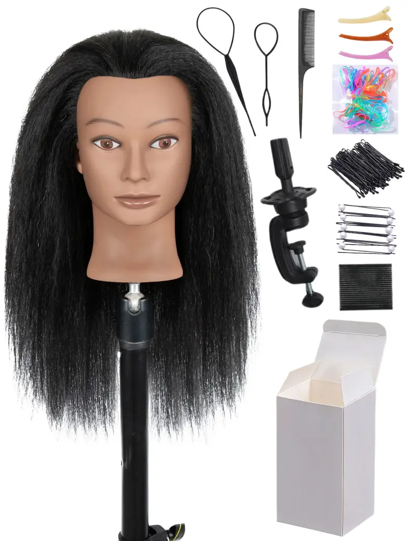 Mannequin head with 100% real human hair, mannequin head with real human hair, beauty doll head for hairdressers to practice braiding, styling, curling, and cutting hair. Display includes a stand and a tool kit