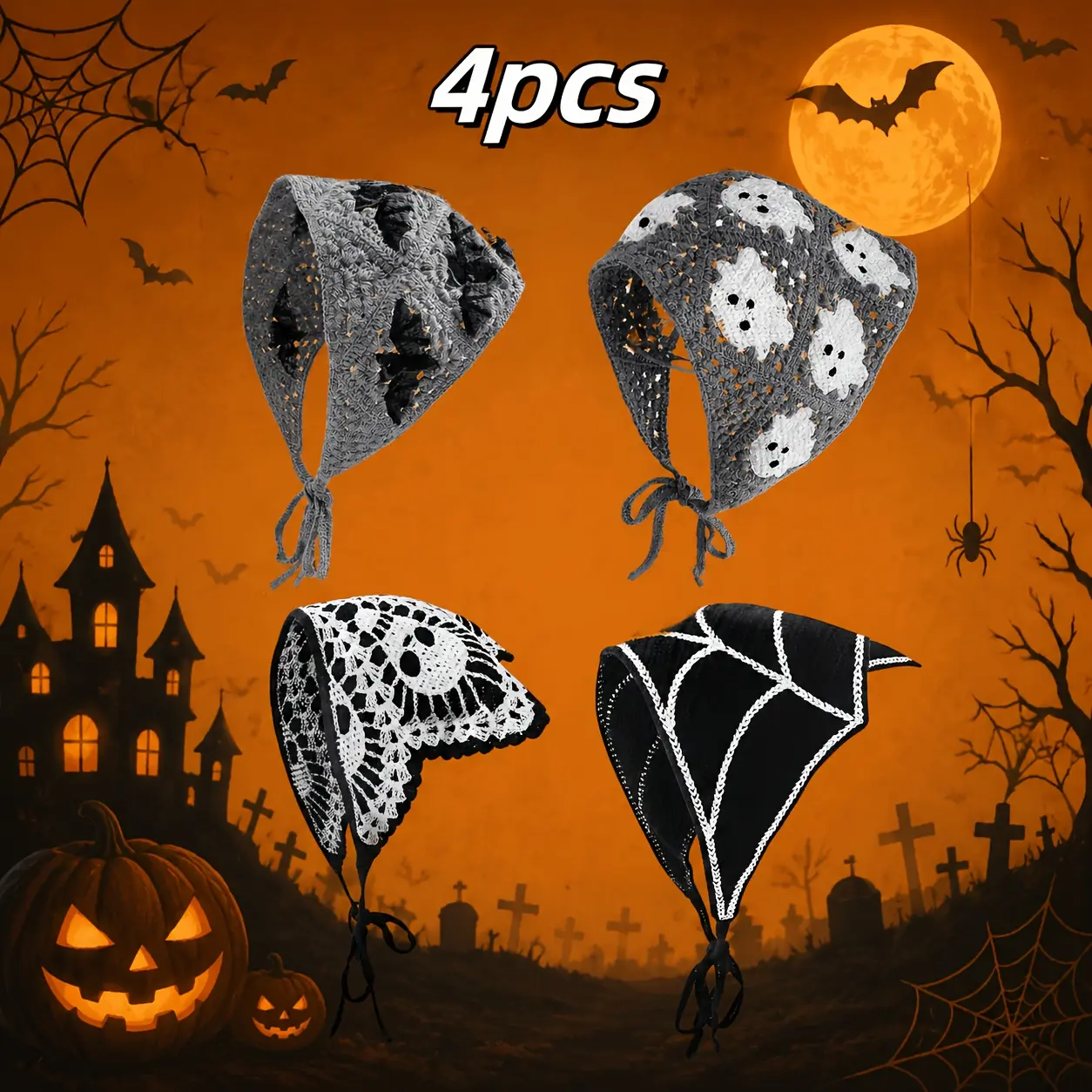 Crochet Bandana Headband for Halloween Fun, Women's Boho Triangle Head Scarf with Ghost Motifs & Bat Web Print, Crocheted Yarn, Adjustable Ties, Headbands, Fabric, Ghost, Bat & Spider Web Designs, Headscarf, Party, Yarn Crocheted