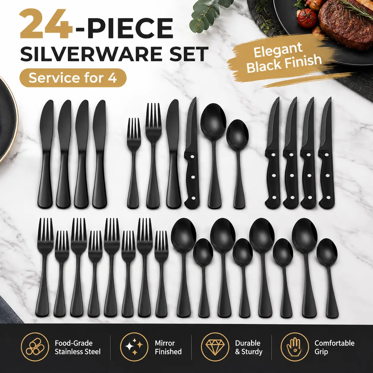 24-Piece Black Stainless Steel Flatware Set - Service for 4 with Steak Knives, Mirror-Finished Cutlery, Comfortable Curved Edges, Modern Tableware for Home/Restaurant Dining