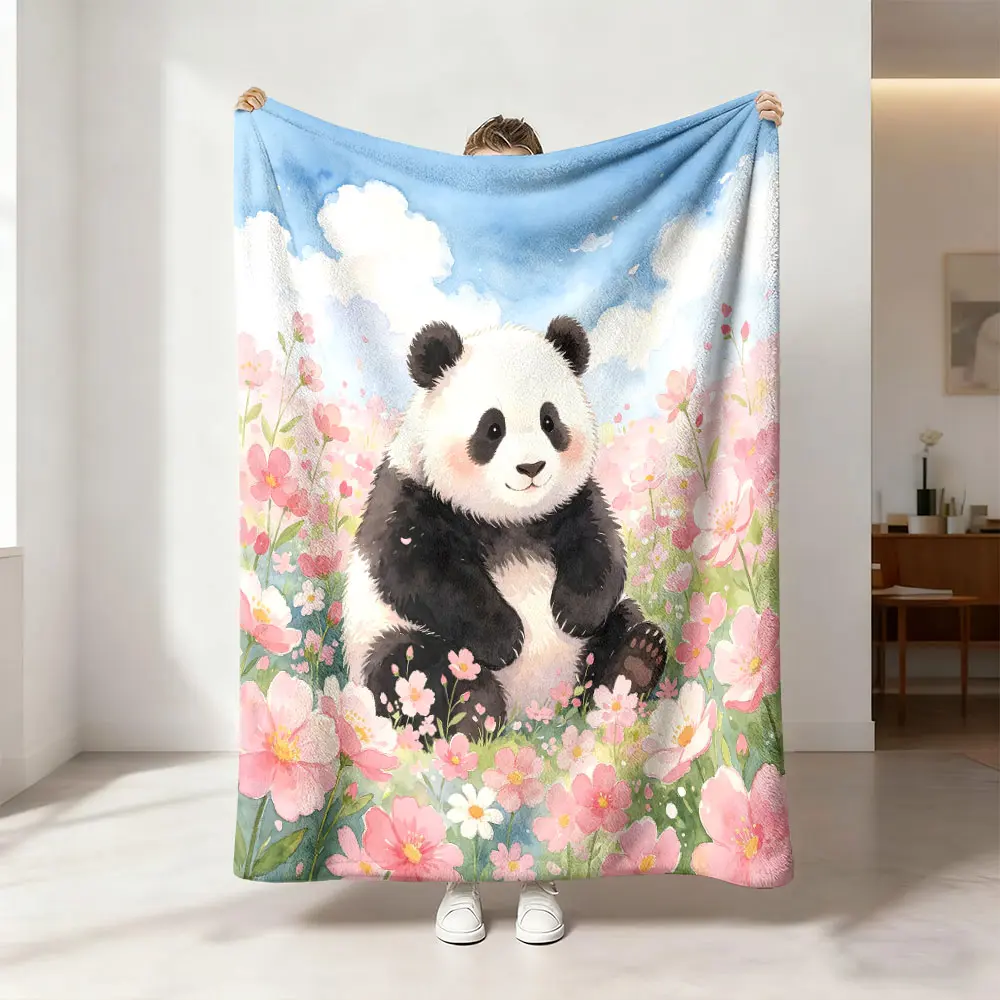 A soft and comfortable printed flannel blanket with a panda-themed illustration, suitable for home, office, camping, sofas, and beds. It's also a great gift option.