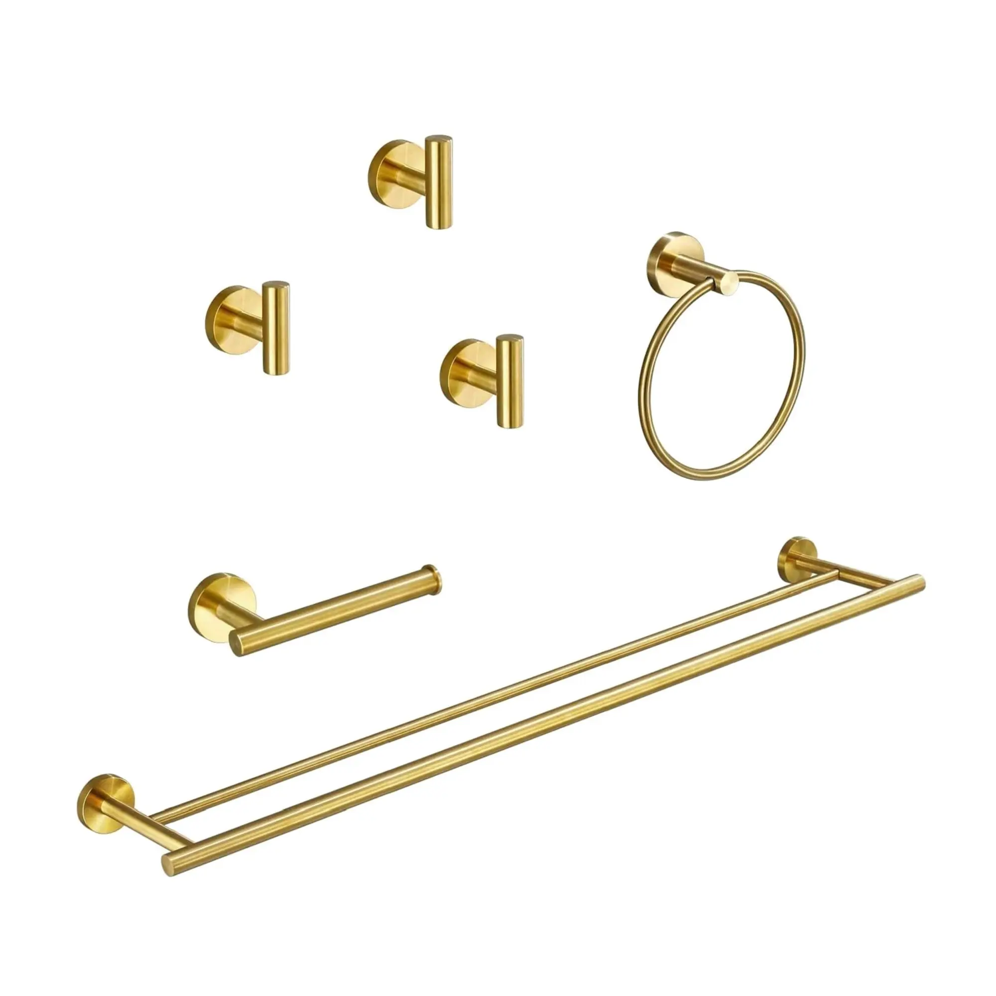 Nokaa 6-Piece Bathroom Hardware Set Brushed Gold Stainless Steel Wall Mount Towel Bar, Towel Ring, Toilet Paper Holder, 3 Towel Hooks for Bathroom, Kitchen, Laundry Room Organization and Storage, Brushed Gold Color Options, Stainless Steel Material