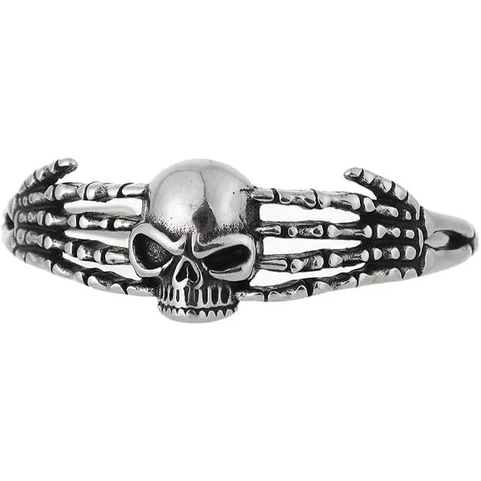 Gothic Punk Skull Bangle - 1.5" Cuff Bangle Shape, Polished Finish Stainless Steel, Male Wrist Club/Halloween Heavy Metal Accessory