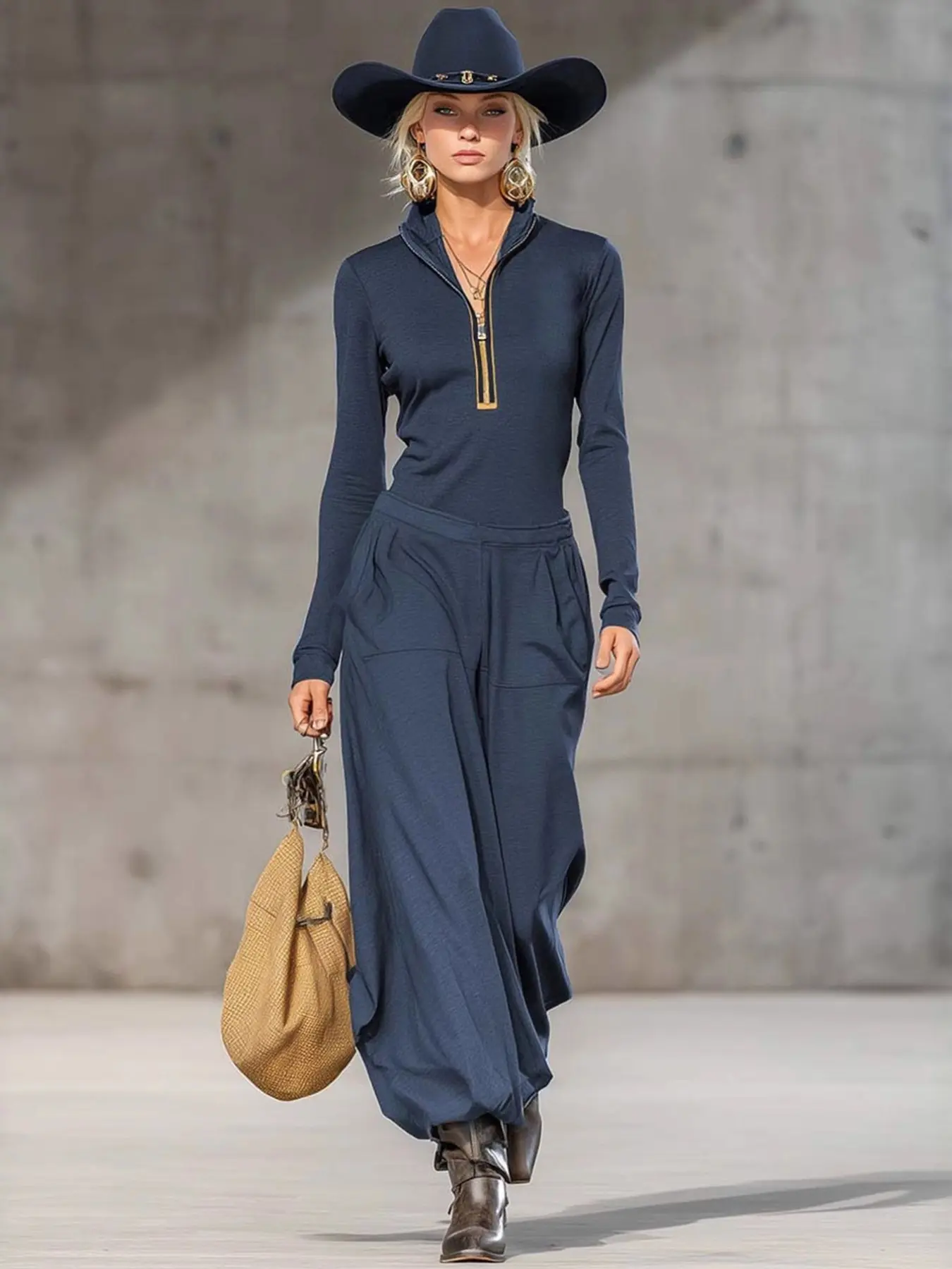Women's 2 Piece Pant Set, Western Cowgirl Style, Half Zip Top & High Waist Pants, Stretchy Knit, Fall Winter Fashion