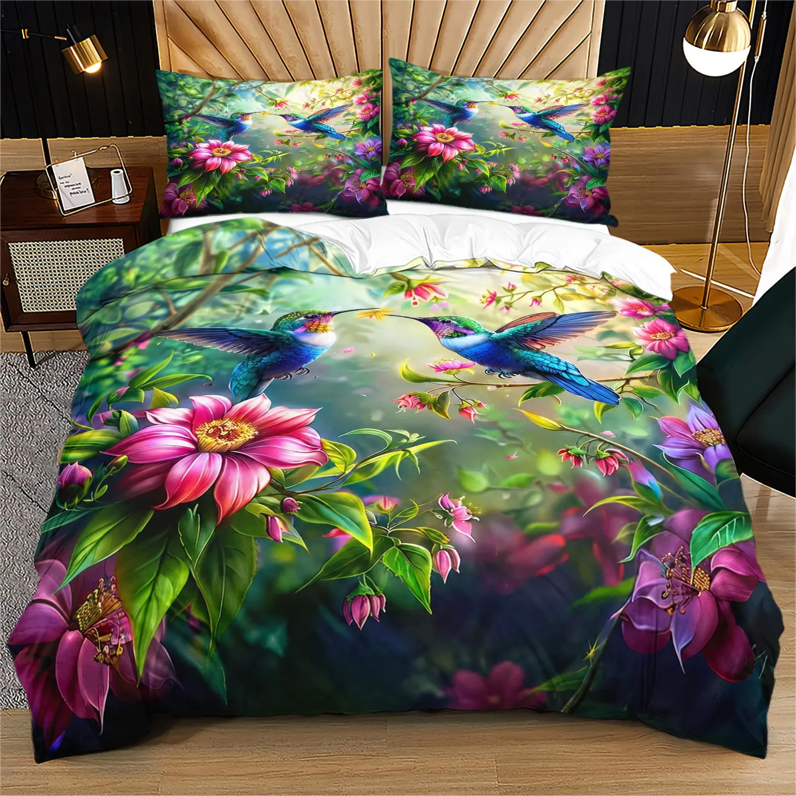 Botanical Flower Bird Duvet Cover Set 2/3 pcs (1 Duvet Cover+ 1/2 Pillowcase), Colorful Flower Garden Print Comforter Cover, Bird Nature Lover Quilt Cover, Soft Microfiber Bedding Set