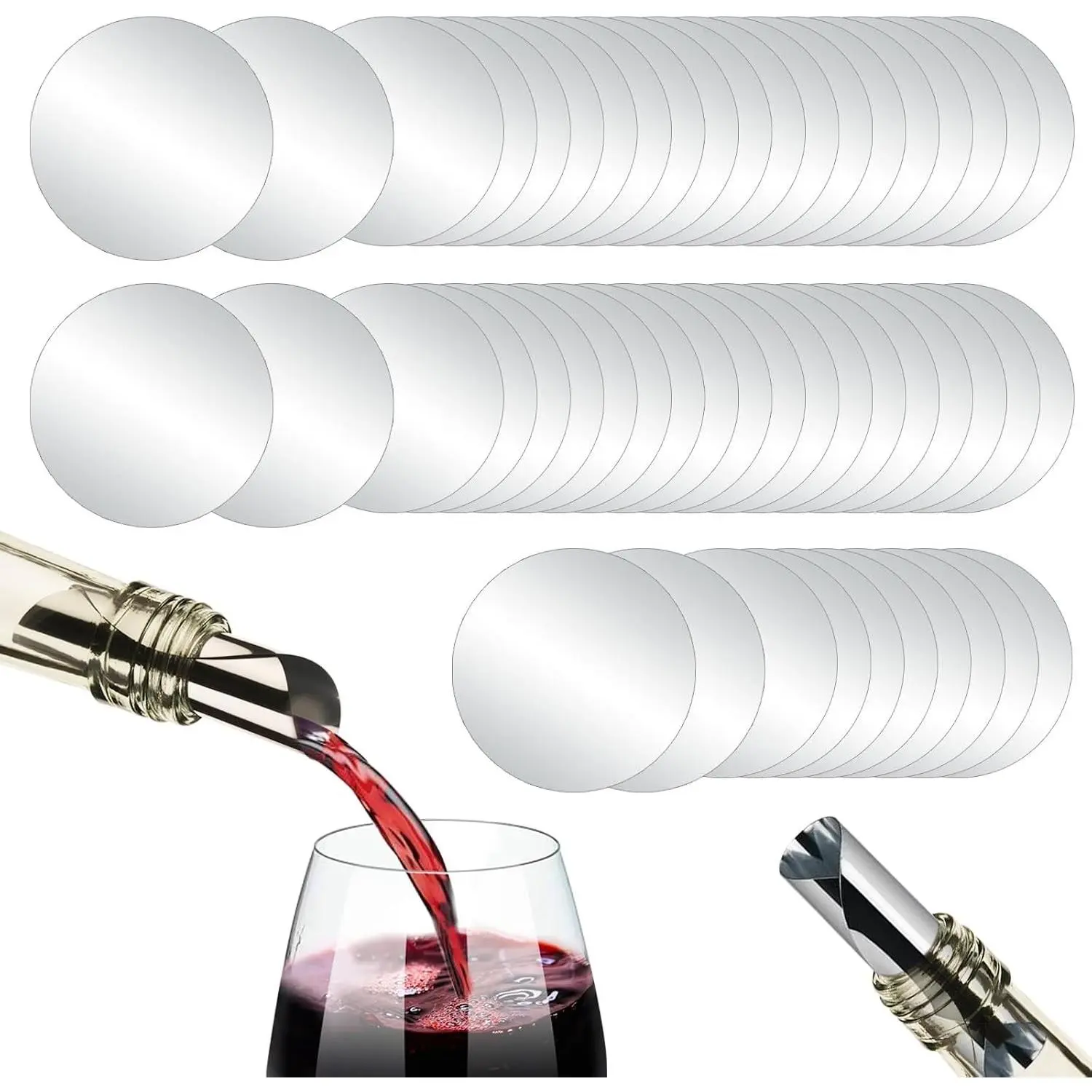 50Pcs Reusable Silver Aluminum Foil Wine Pourer & Stopper Discs, Thin Drip Stop Pour Spout Cards for Wine Beverage Liquid Dispenser