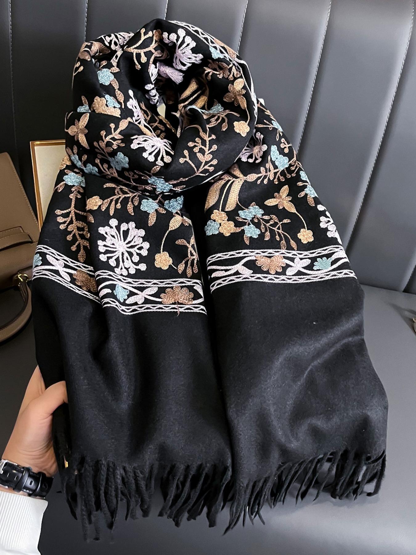 Boho Style Plant Embroidery Double Sided Scarf, Casual Soft Warm Fringe Trim Floral Embroidered Shawl for Women & Men, Fashion Accessories for Daily Wear