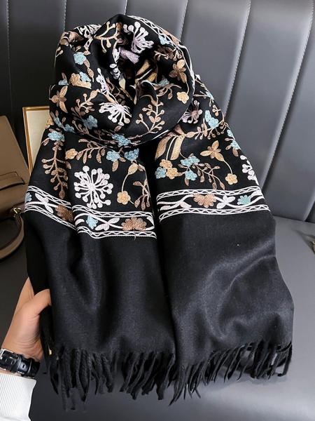 Boho Style Plant Embroidery Double Sided Scarf, Casual Soft Warm Fringe Trim Floral Embroidered Shawl for Women & Men, Fashion Accessories for Daily Wear