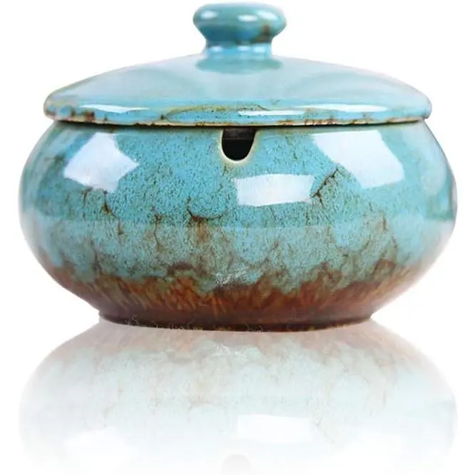 Ceramic Ashtray with Lids, Windproof, Cigarette Ashtray for Indoor or Outdoor Use,Ash Holder for Smokers,Desktop Smoking Ash Tray for Home Office Decoration - Blue