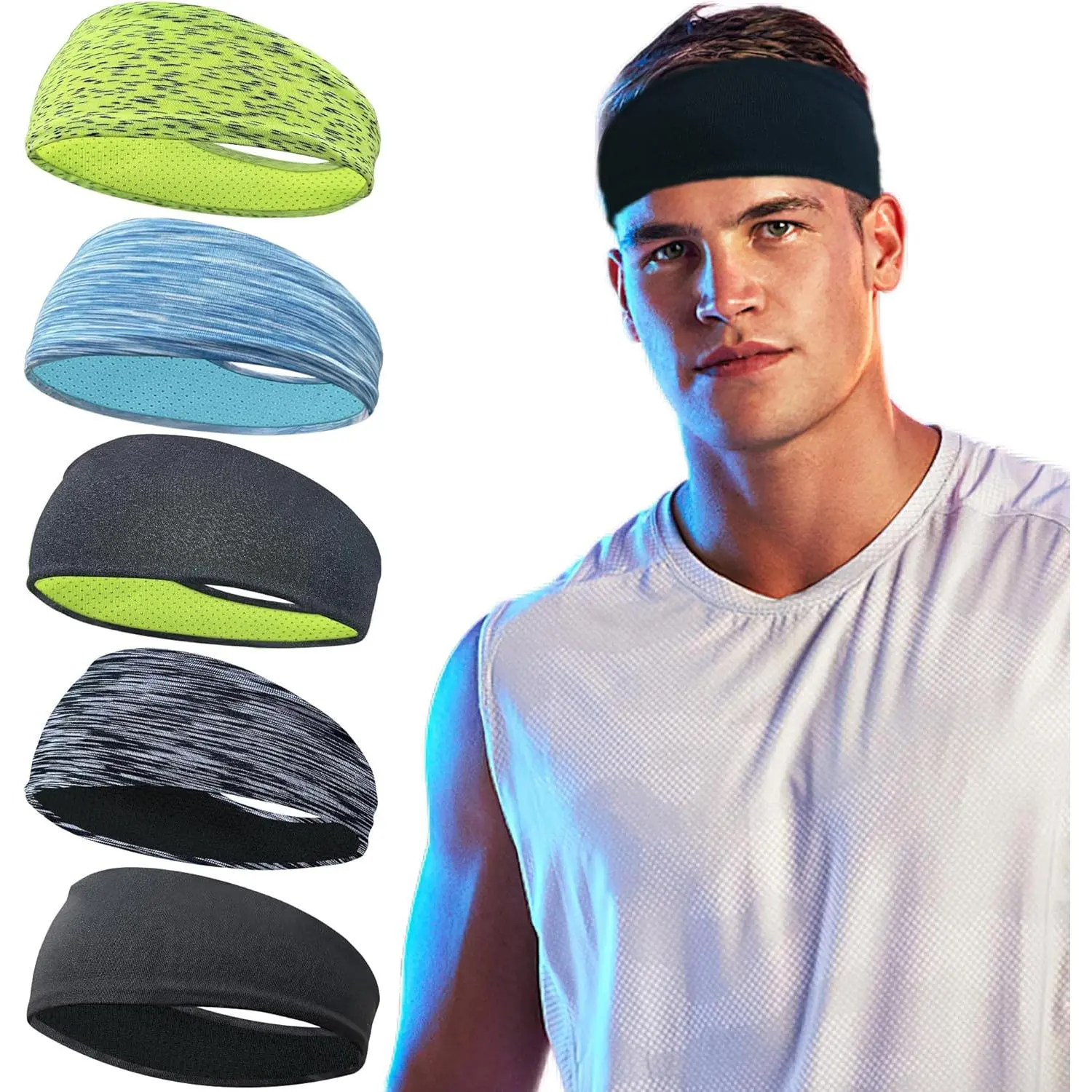 Women's & Male Breathable Mesh Sports Headbands (5-Pack) - Reusable, Reused & Washed Sweat Bands for Workout, Running, Yoga