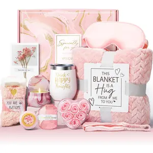 Birthday Gifts for Women Self Care Gifts Get Well Soon Gifts, Rose Relaxing Spa Gifts Basket Care Package w/ Luxury Flannel Blanket, Unique Christmas Gifts for Mom Her Friend Sister Wife Grandma
